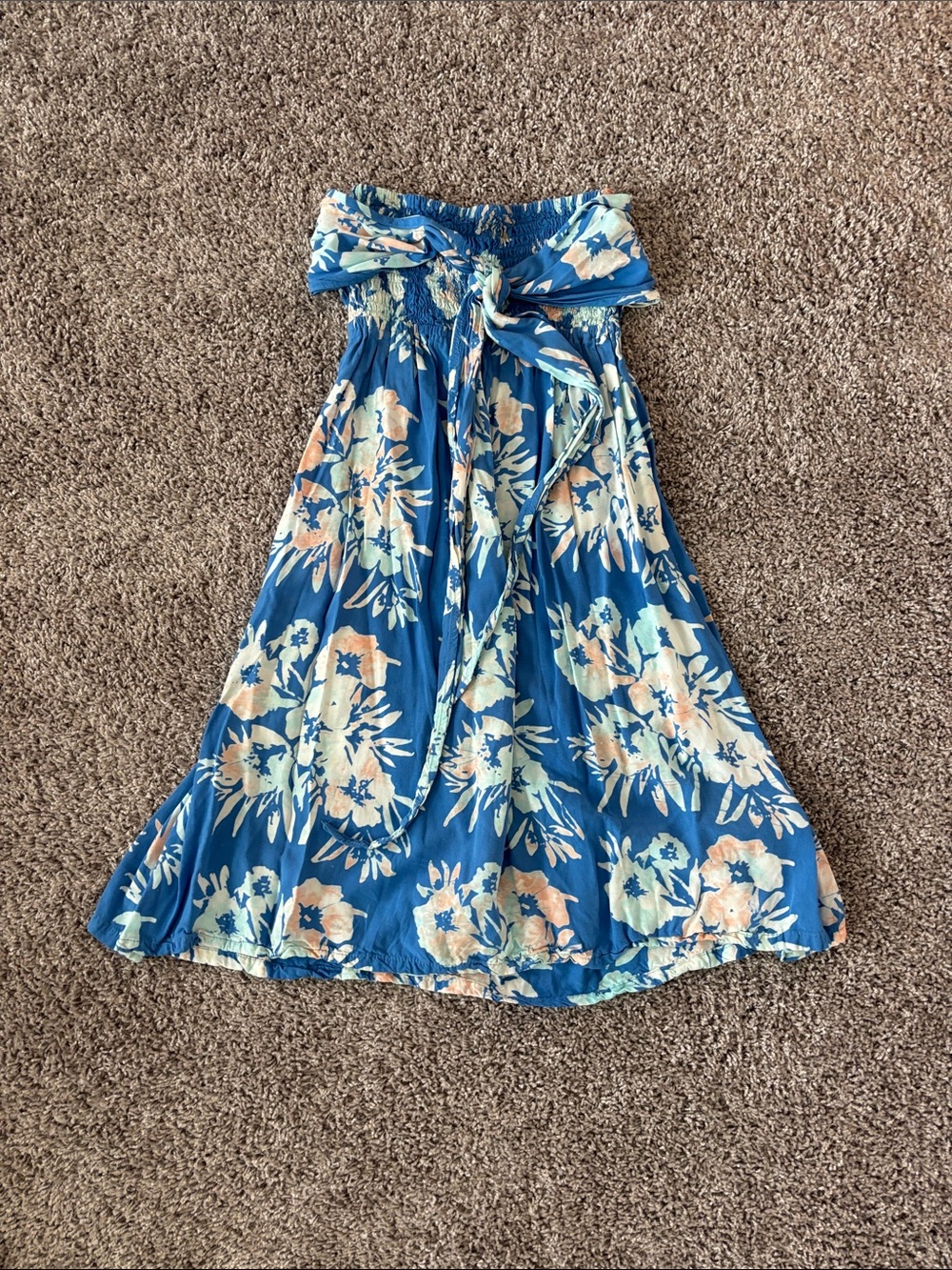 Blue Floral Strapless Dress with Tie